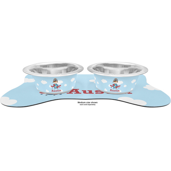 Airplane & Pilot Metal Pet Bowls - On Dog Bone Shaped Mat