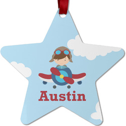 Airplane & Pilot Metal Star Ornament - Double Sided w/ Name or Text