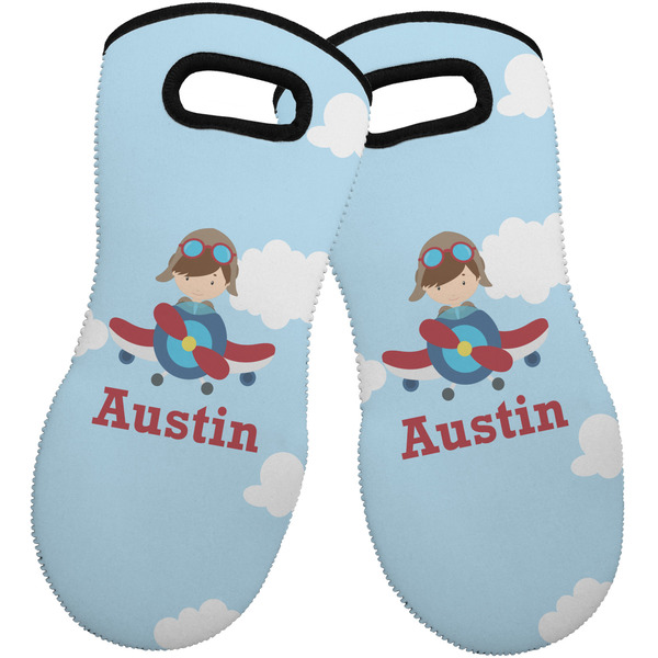 Custom Airplane & Pilot Neoprene Oven Mitts - Set of 2 w/ Name or Text