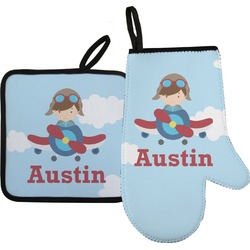 Airplane & Pilot Right Oven Mitt & Pot Holder Set w/ Name or Text