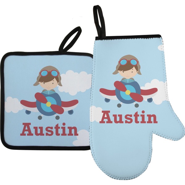 Custom Airplane & Pilot Oven Mitt & Pot Holder Set w/ Name or Text