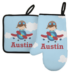 Airplane & Pilot Left Oven Mitt & Pot Holder Set w/ Name or Text