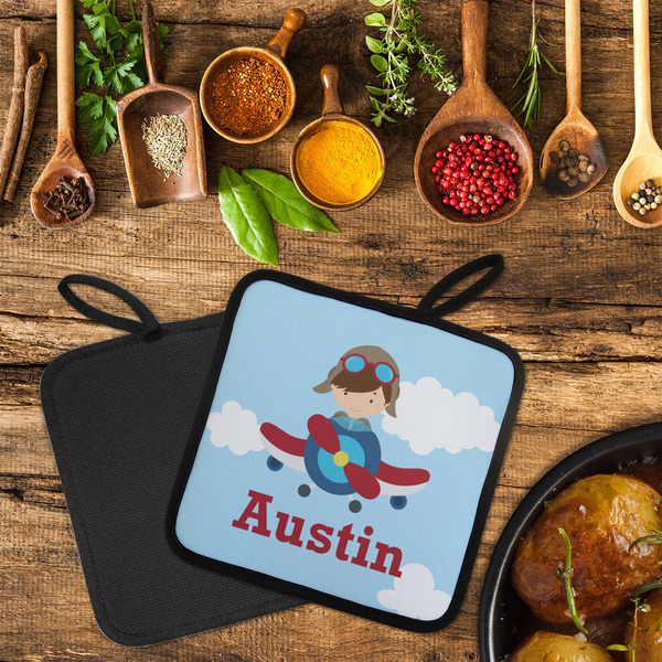 Airplane & Pilot Neoprene Pot Holder - Set of 2  LIFESTYLE (Flatlay)