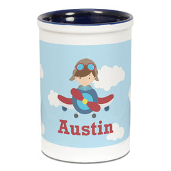 Airplane & Pilot Ceramic Pencil Holders - Blue