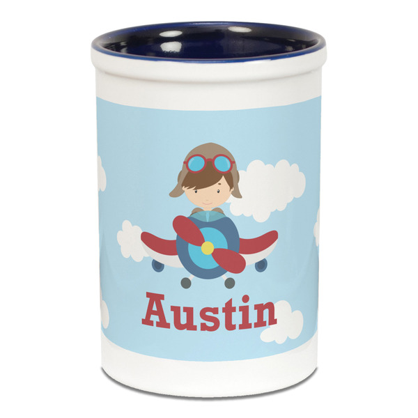 Custom Airplane & Pilot Ceramic Pencil Holders - Blue