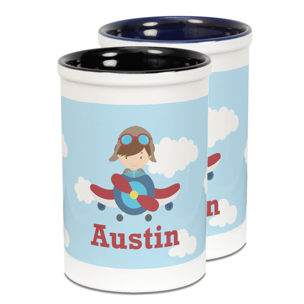 Custom Airplane & Pilot Ceramic Pencil Holder - Large