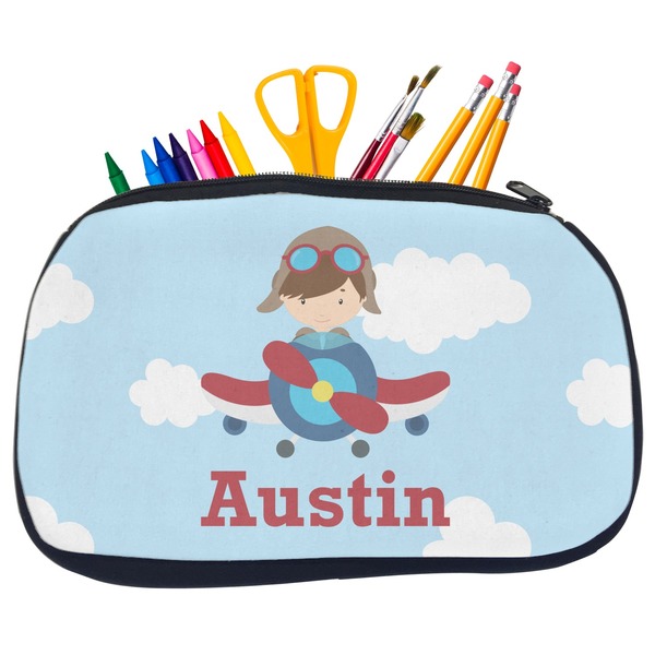 Custom Airplane & Pilot Neoprene Pencil Case - Medium w/ Name or Text
