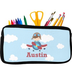 Airplane & Pilot Neoprene Pencil Case - Small w/ Name or Text