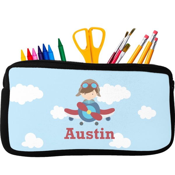 Custom Airplane & Pilot Neoprene Pencil Case - Small w/ Name or Text