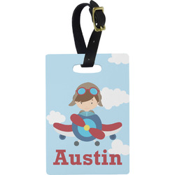 Airplane & Pilot Plastic Luggage Tag - Rectangular w/ Name or Text