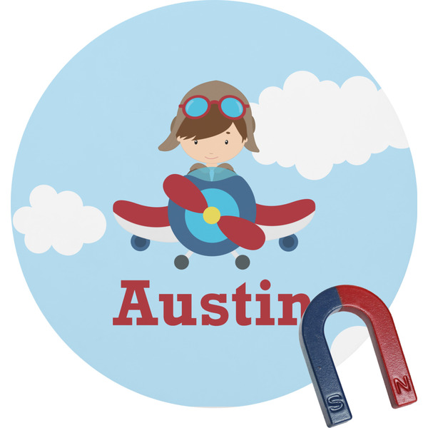 Custom Airplane & Pilot Round Fridge Magnet (Personalized)
