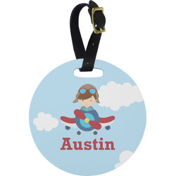 Airplane & Pilot Plastic Luggage Tag - Round (Personalized)