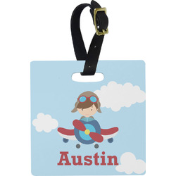 Airplane & Pilot Plastic Luggage Tag - Square w/ Name or Text