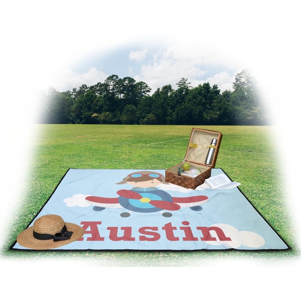 Airplane & Pilot Picnic Blanket - with Basket Hat and Book - in Use