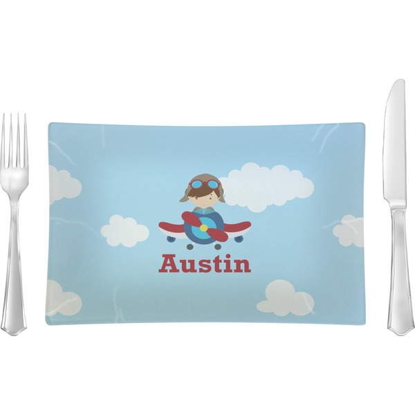 Custom Airplane & Pilot Rectangular Glass Lunch / Dinner Plate - Single or Set (Personalized)