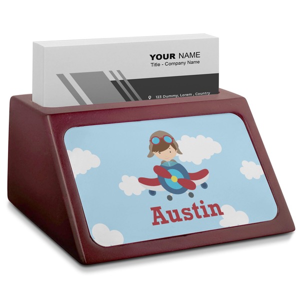 Custom Airplane & Pilot Red Mahogany Business Card Holder (Personalized)