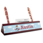 Airplane & Pilot Red Mahogany Nameplate with Business Card Holder (Personalized)