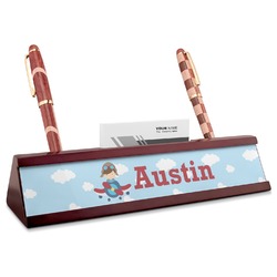 Airplane & Pilot Red Mahogany Nameplate with Business Card Holder (Personalized)