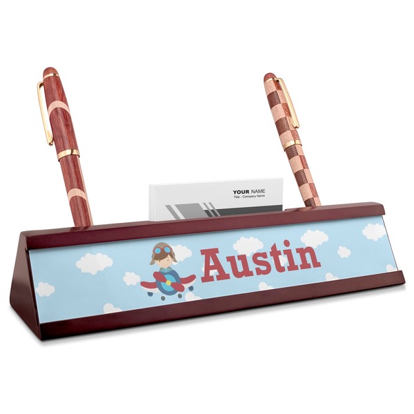 Custom Airplane & Pilot Red Mahogany Nameplate with Business Card Holder (Personalized)