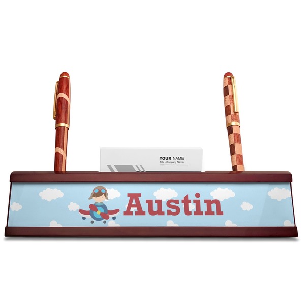 Airplane & Pilot Red Mahogany Nameplates with Business Card Holder - Straight