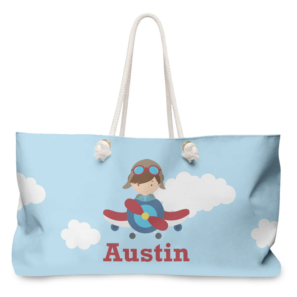 Custom Airplane & Pilot Large Tote Bag with Rope Handles (Personalized)