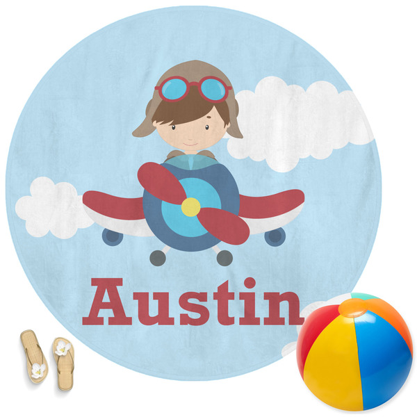 Custom Airplane & Pilot Round Beach Towel (Personalized)