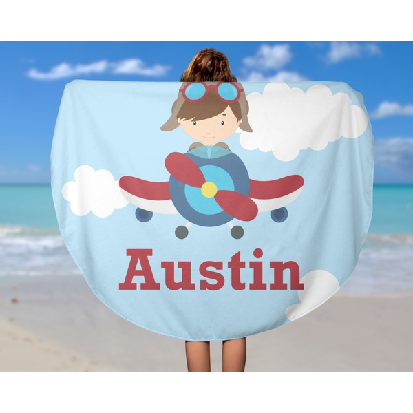 Airplane & Pilot Round Beach Towel - In Use