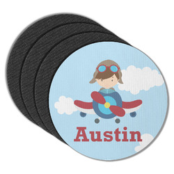 Airplane & Pilot Round Rubber Backed Coasters - Set of 4 (Personalized)