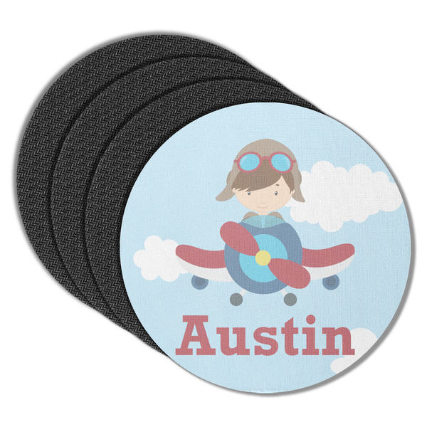 Custom Airplane & Pilot Round Rubber Backed Coasters - Set of 4 (Personalized)