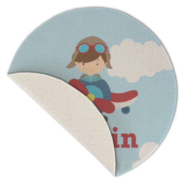 Airplane & Pilot Round Linen Placemats - Front (folded corner single sided)