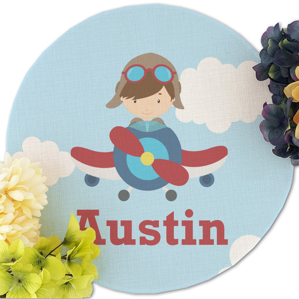 Airplane & Pilot Round Linen Placemats - Front (w flowers)