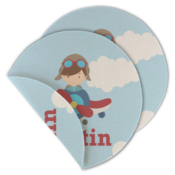 Custom Airplane & Pilot Round Linen Placemat - Double Sided - Set of 4 (Personalized)