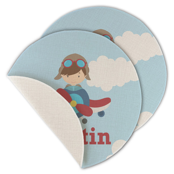 Custom Airplane & Pilot Round Linen Placemat - Single Sided - Set of 4 (Personalized)