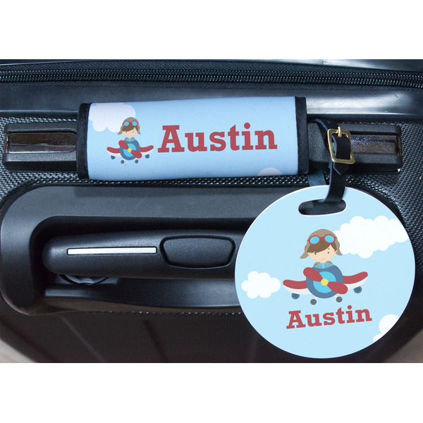 Airplane & Pilot Round Luggage Tag & Handle Wrap - In Context