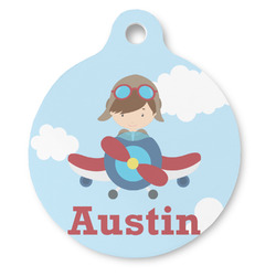 Airplane & Pilot Round Pet ID Tag - Large (Personalized)