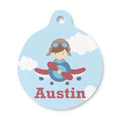 Airplane & Pilot Round Pet ID Tag - Small (Personalized)