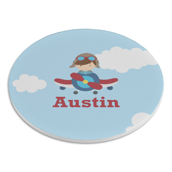 Airplane & Pilot Round Stone Trivet - Angle View
