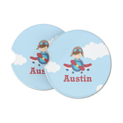 Airplane & Pilot Sandstone Car Coasters - Set of 2 (Personalized)