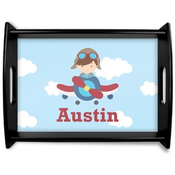 Airplane & Pilot Black Wooden Tray - Large (Personalized)