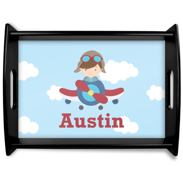 Custom Airplane & Pilot Black Wooden Tray - Large (Personalized)