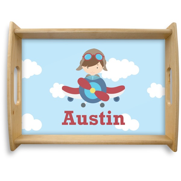 Custom Airplane & Pilot Natural Wooden Tray - Large (Personalized)