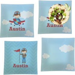 Airplane & Pilot Set of 4 Glass Square Lunch / Dinner Plate 9.5" (Personalized)