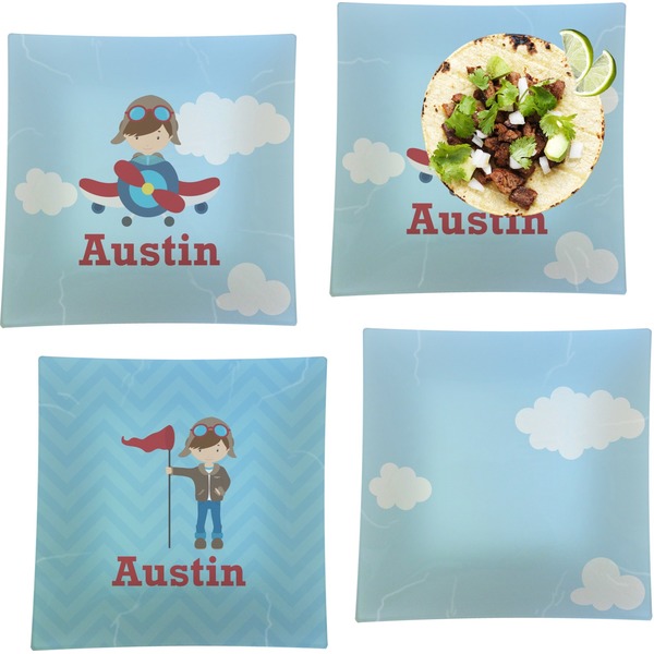 Custom Airplane & Pilot Set of 4 Glass Square Lunch / Dinner Plate 9.5" (Personalized)