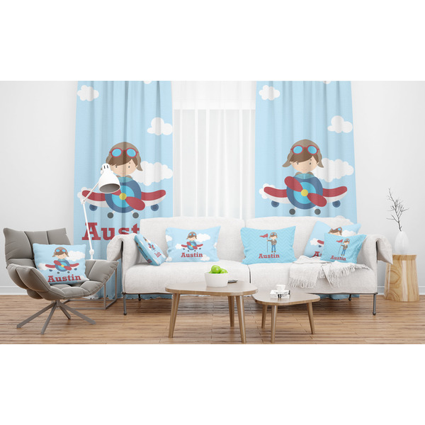 Airplane & Pilot Sheer and Custom Curtains in Room with Matching Pillows