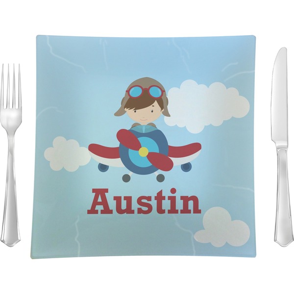 Custom Airplane & Pilot Glass Square Lunch / Dinner Plate 9.5" (Personalized)