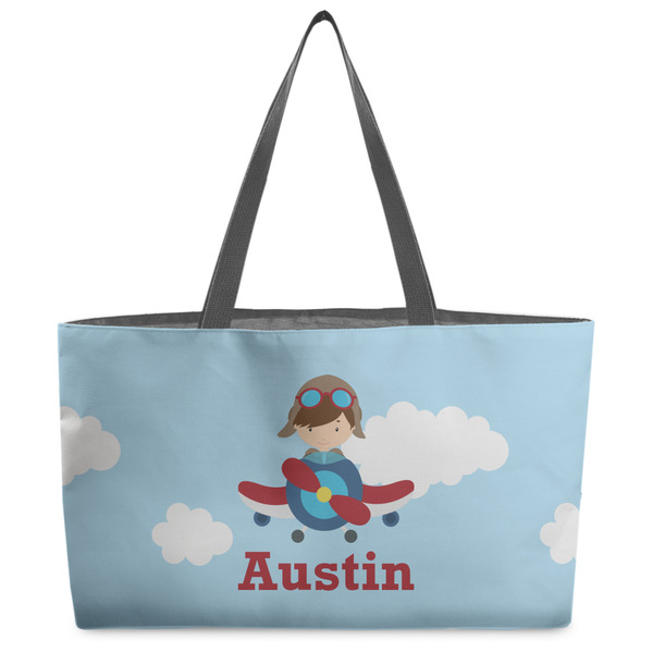 Custom Airplane & Pilot Beach Totes Bag - w/ Black Handles (Personalized)