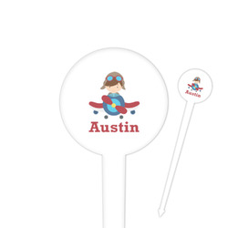 Airplane & Pilot 4" Round Plastic Food Picks - White - Single Sided (Personalized)