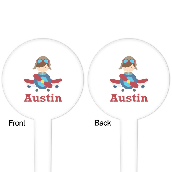 Airplane & Pilot White Plastic 4" Food Pick - Round - Double Sided - Front & Back