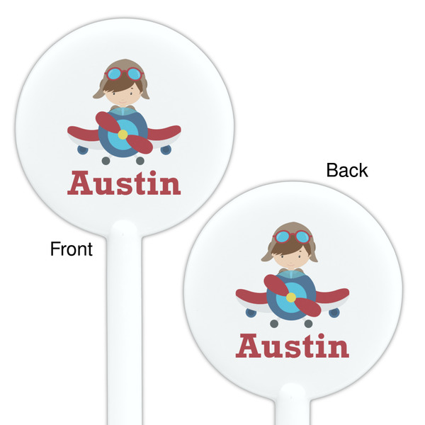 Airplane & Pilot White Plastic 5.5" Stir Stick - Double Sided - Round - Front & Back