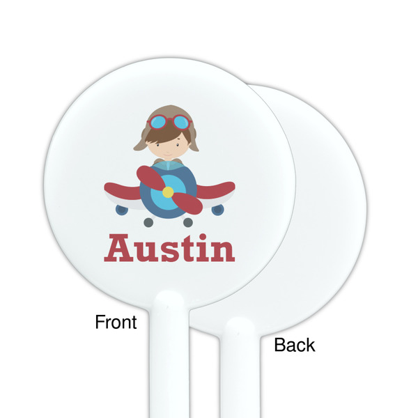 Airplane & Pilot White Plastic 5.5" Stir Stick - Single Sided - Round - Front & Back